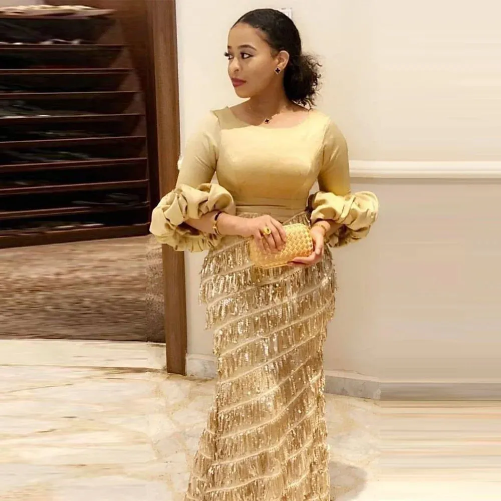 Women's Party Dresses Round Neck Lantern Long Sleeve Tassel Slim Gold Dress