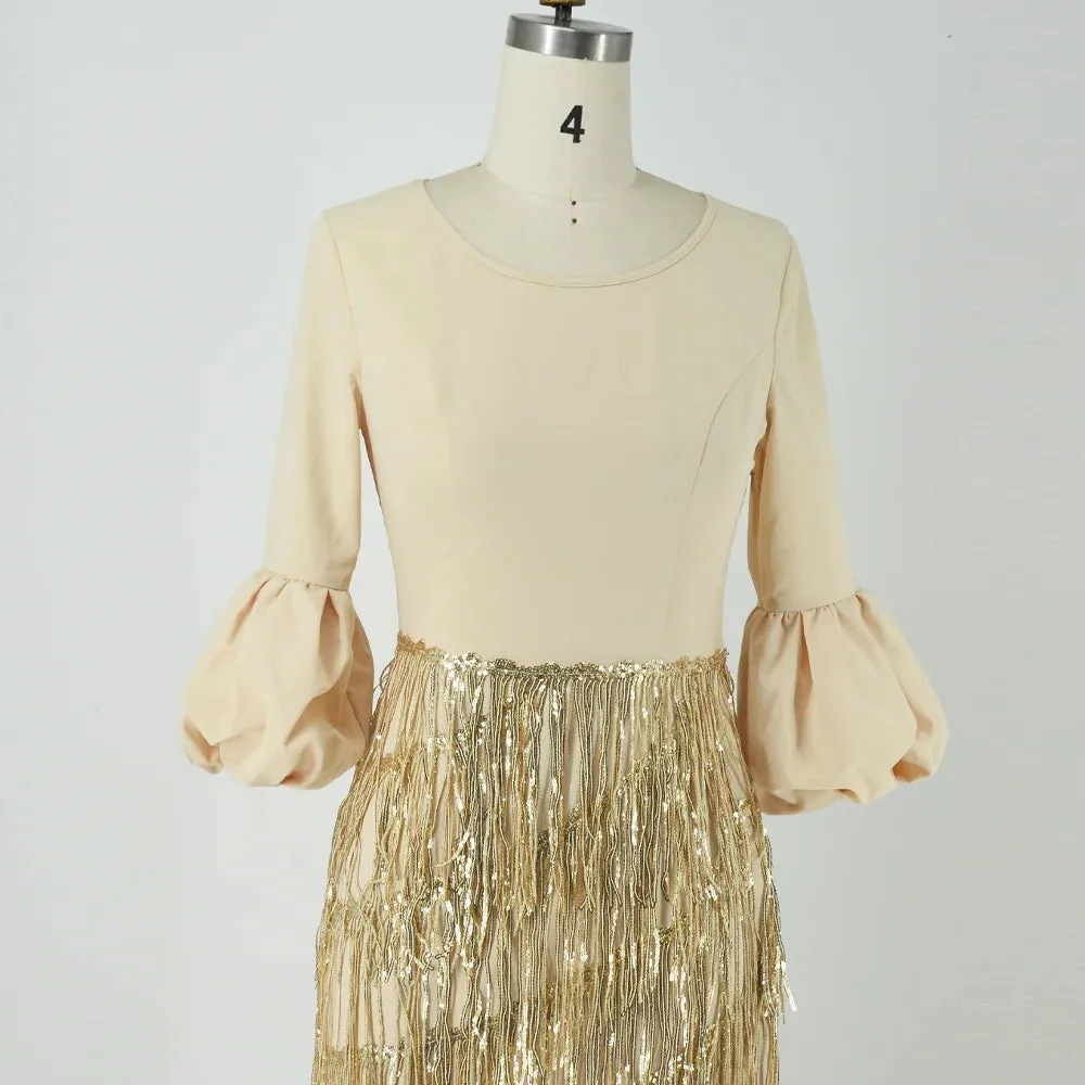 Women's Party Dresses Round Neck Lantern Long Sleeve Tassel Slim Gold Dress