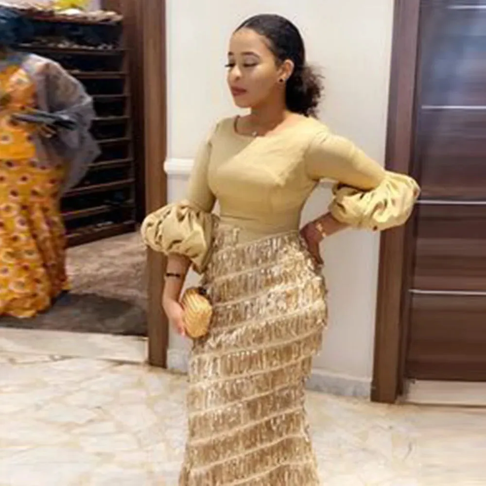 Women's Party Dresses Round Neck Lantern Long Sleeve Tassel Slim Gold Dress