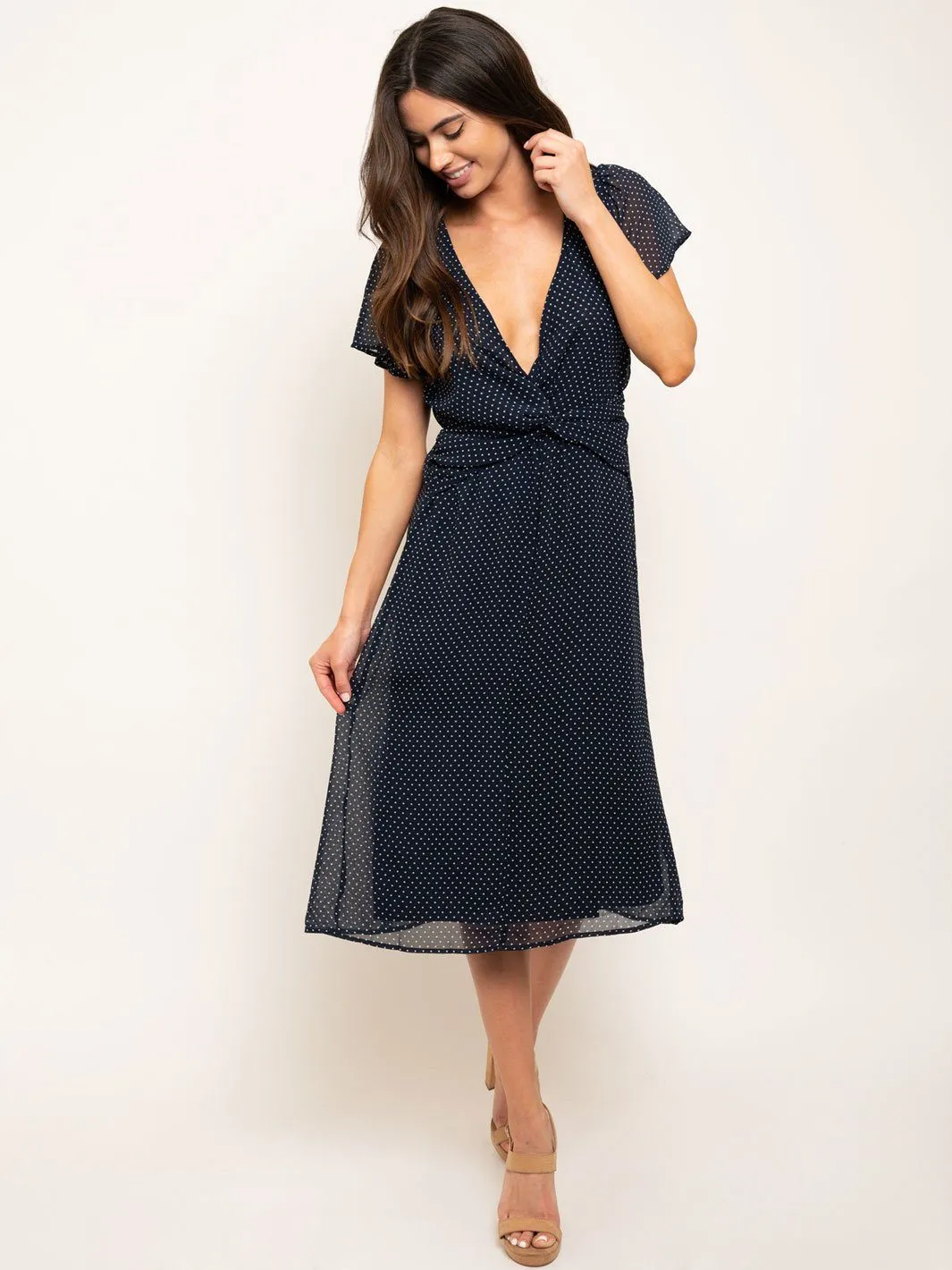 WOMEN'S POLKA DOTS V-NECK MIDI DRESS