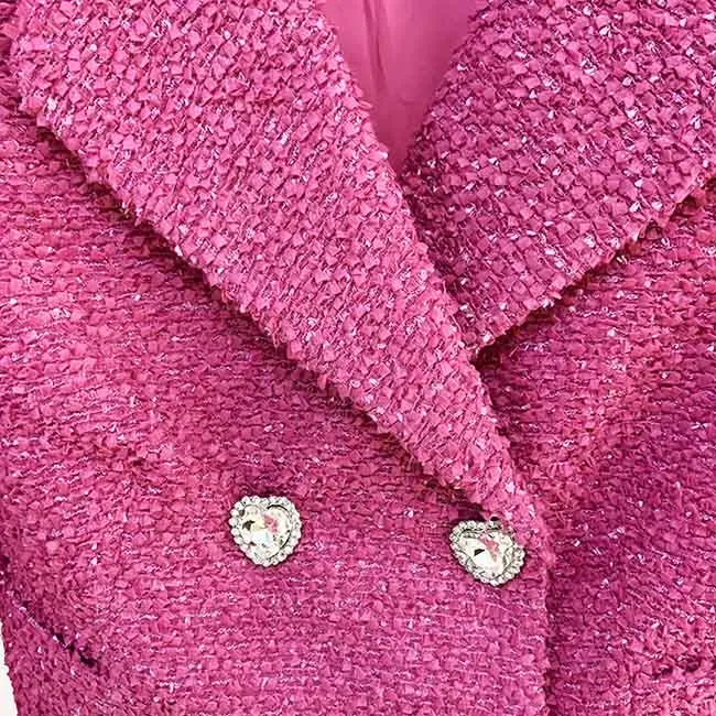 Womens Rose Pink Two Piece Short Coat with Long Sleeves   Short Skirt Formal Set