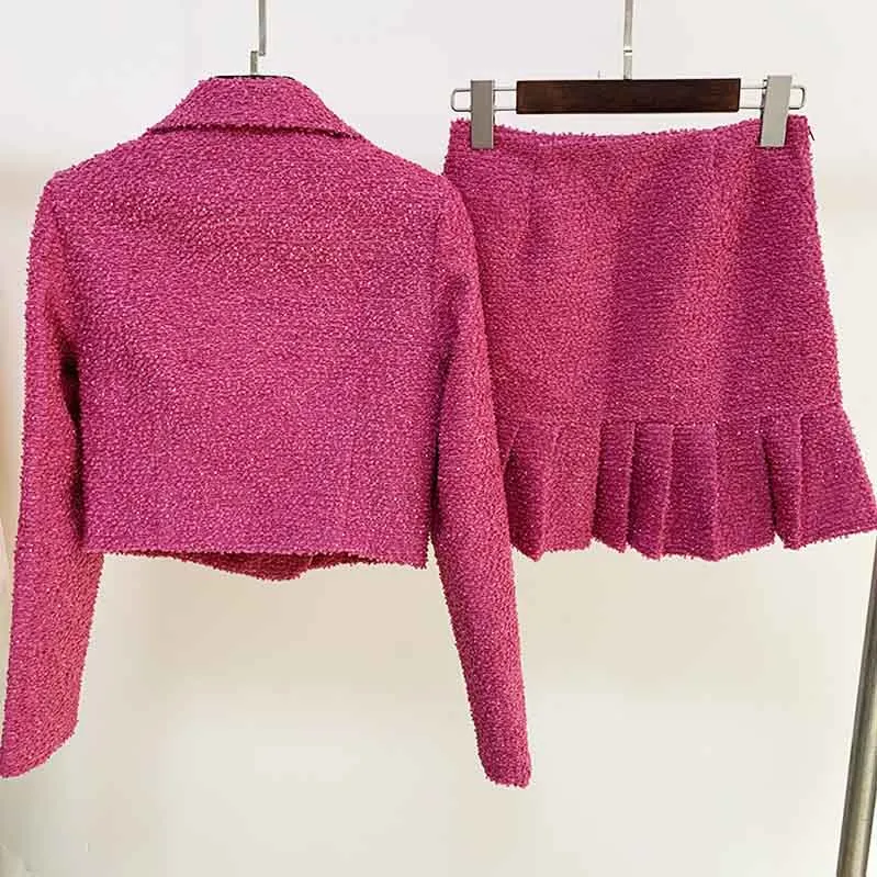 Womens Rose Pink Two Piece Short Coat with Long Sleeves   Short Skirt Formal Set
