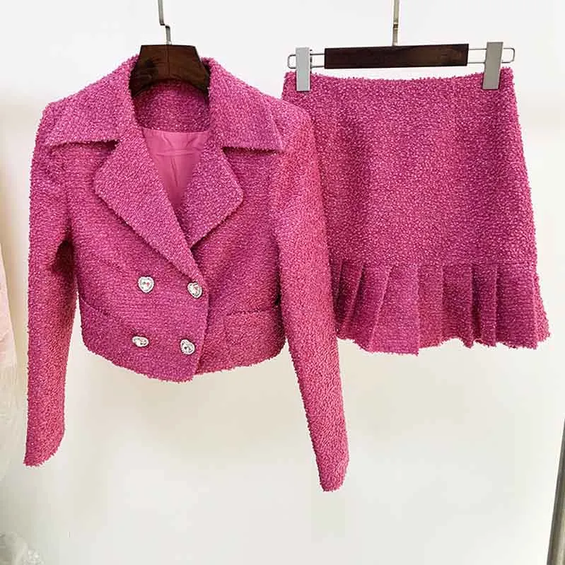 Womens Rose Pink Two Piece Short Coat with Long Sleeves   Short Skirt Formal Set