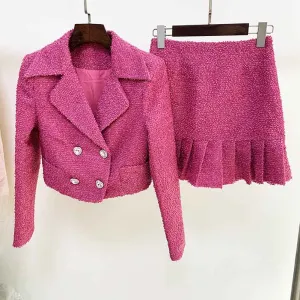 Womens Rose Pink Two Piece Short Coat with Long Sleeves   Short Skirt Formal Set