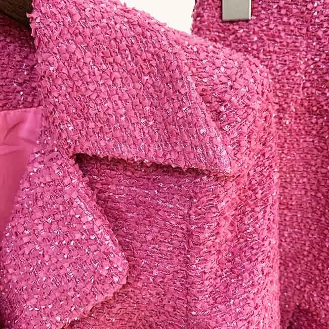 Womens Rose Pink Two Piece Short Coat with Long Sleeves   Short Skirt Formal Set
