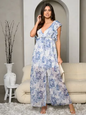 WOMEN'S RUFFLE SLEEVE V-NECK FLORAL MAXI DRESS