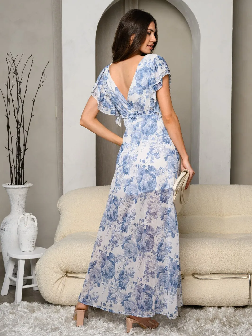 WOMEN'S RUFFLE SLEEVE V-NECK FLORAL MAXI DRESS