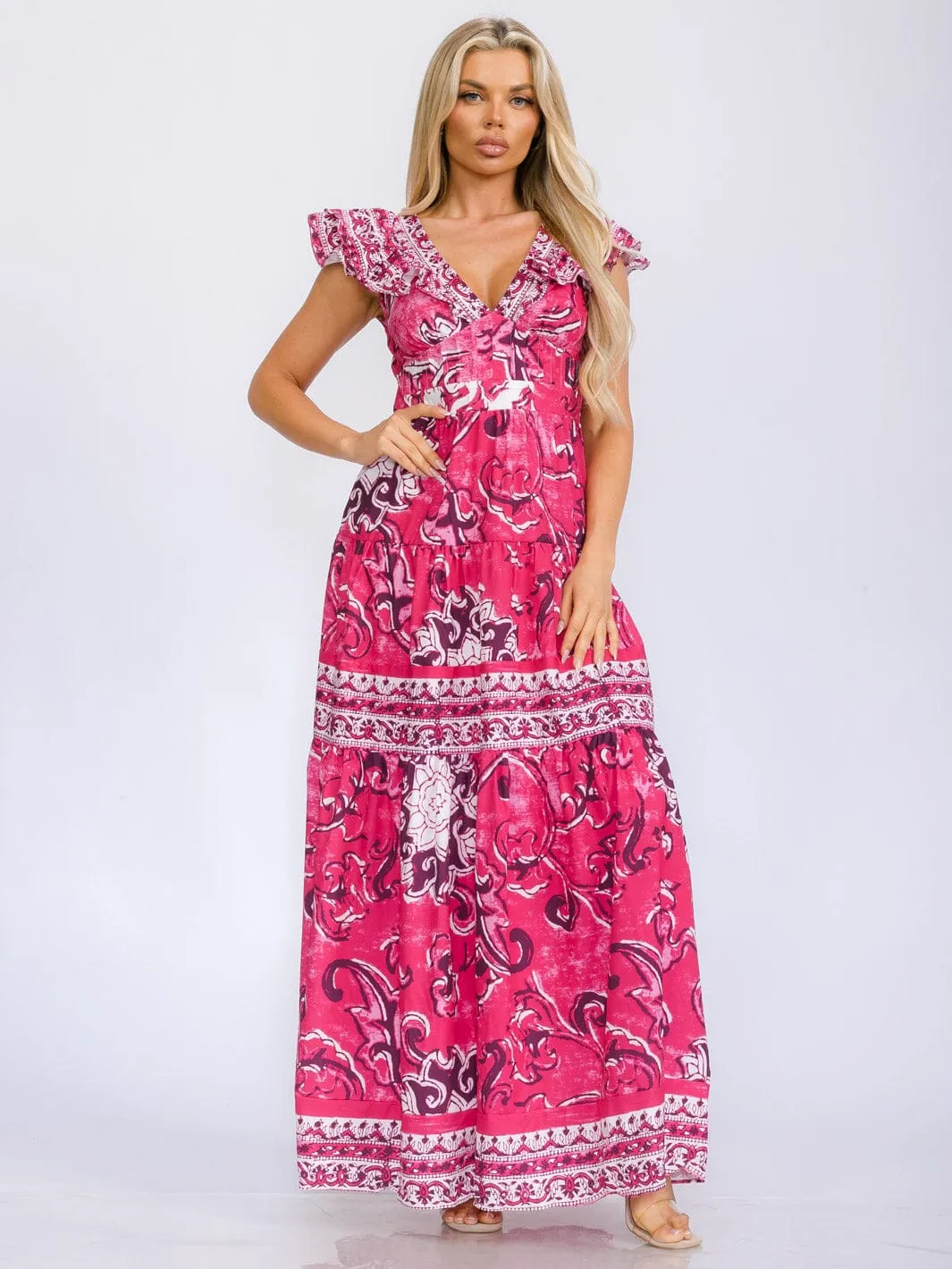 WOMEN'S RUFFLE SLEEVE V-NECK TIERED MULTI PRINT MAXI DRESS
