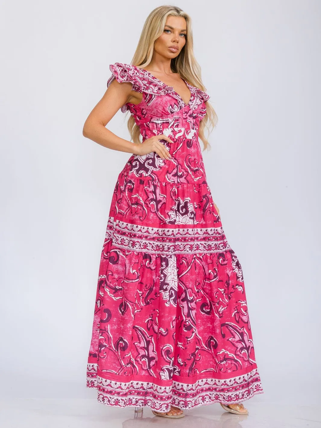 WOMEN'S RUFFLE SLEEVE V-NECK TIERED MULTI PRINT MAXI DRESS