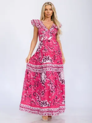 WOMEN'S RUFFLE SLEEVE V-NECK TIERED MULTI PRINT MAXI DRESS
