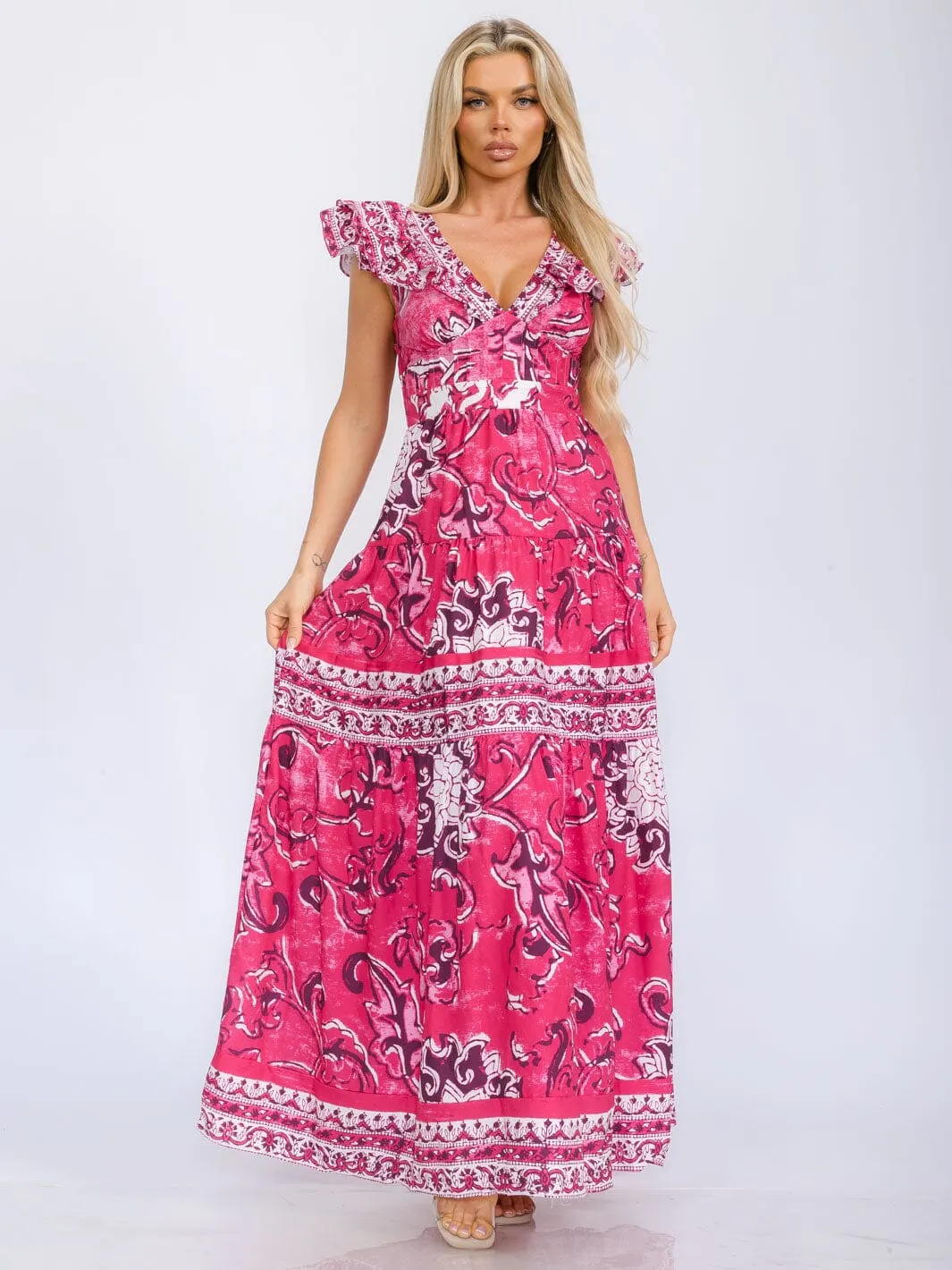 WOMEN'S RUFFLE SLEEVE V-NECK TIERED MULTI PRINT MAXI DRESS