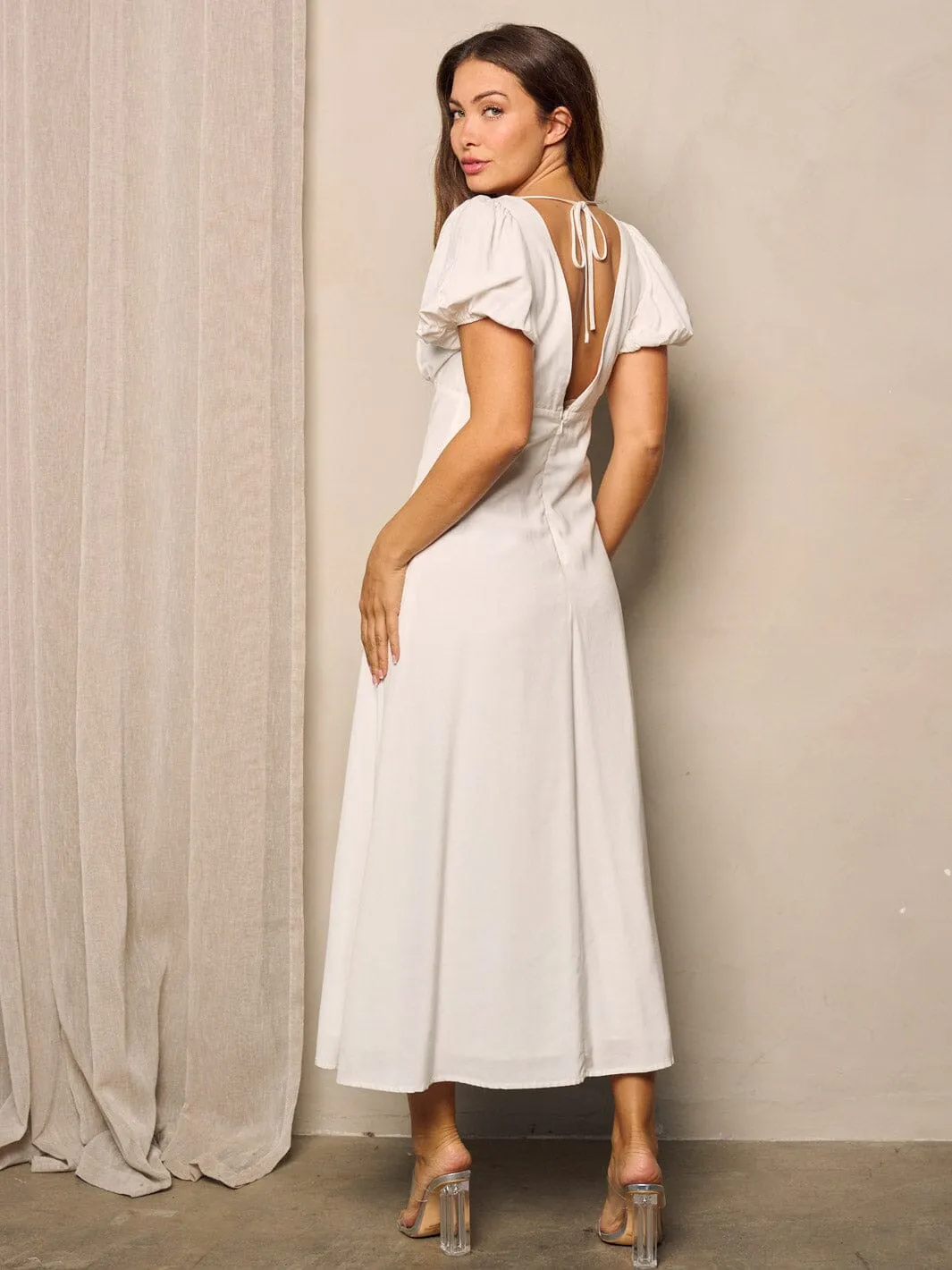 WOMEN'S SHORT PUFF SLEEVE V-NECK MAXI DRESS