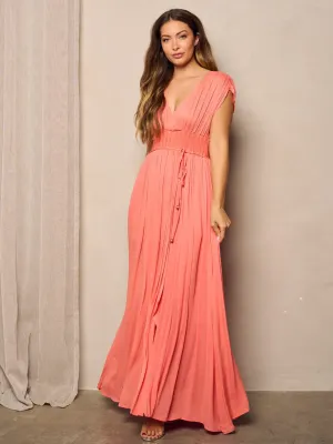 WOMEN'S SHORT SLEEVE SURPLICE SMOCK WAIST MAXI DRESS