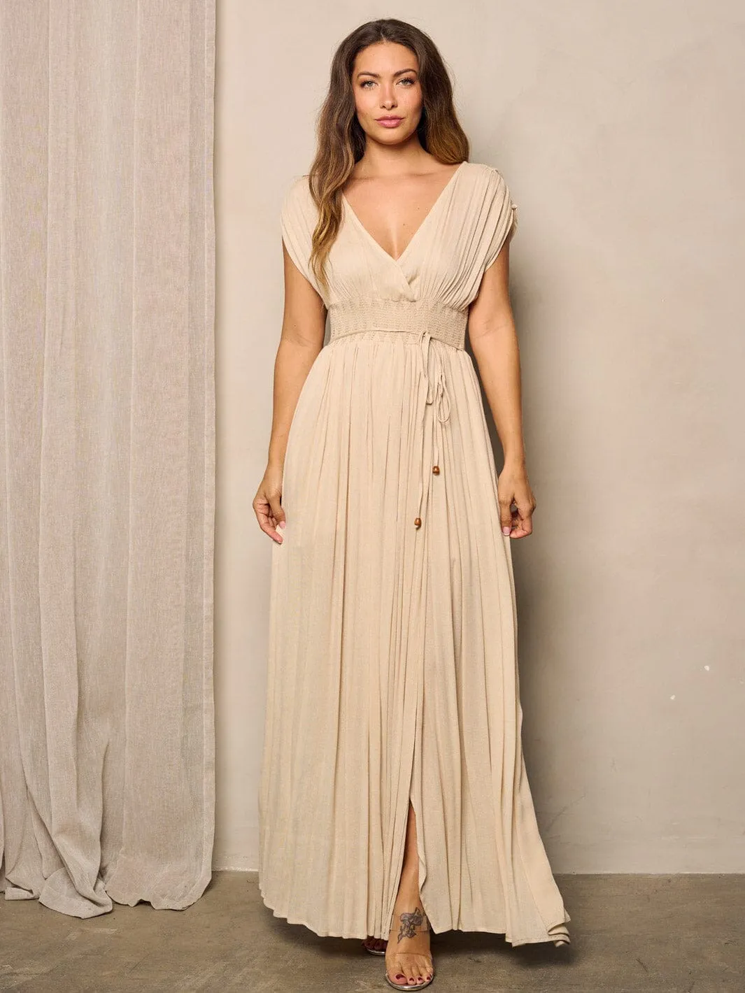 WOMEN'S SHORT SLEEVE SURPLICE SMOCK WAIST MAXI DRESS