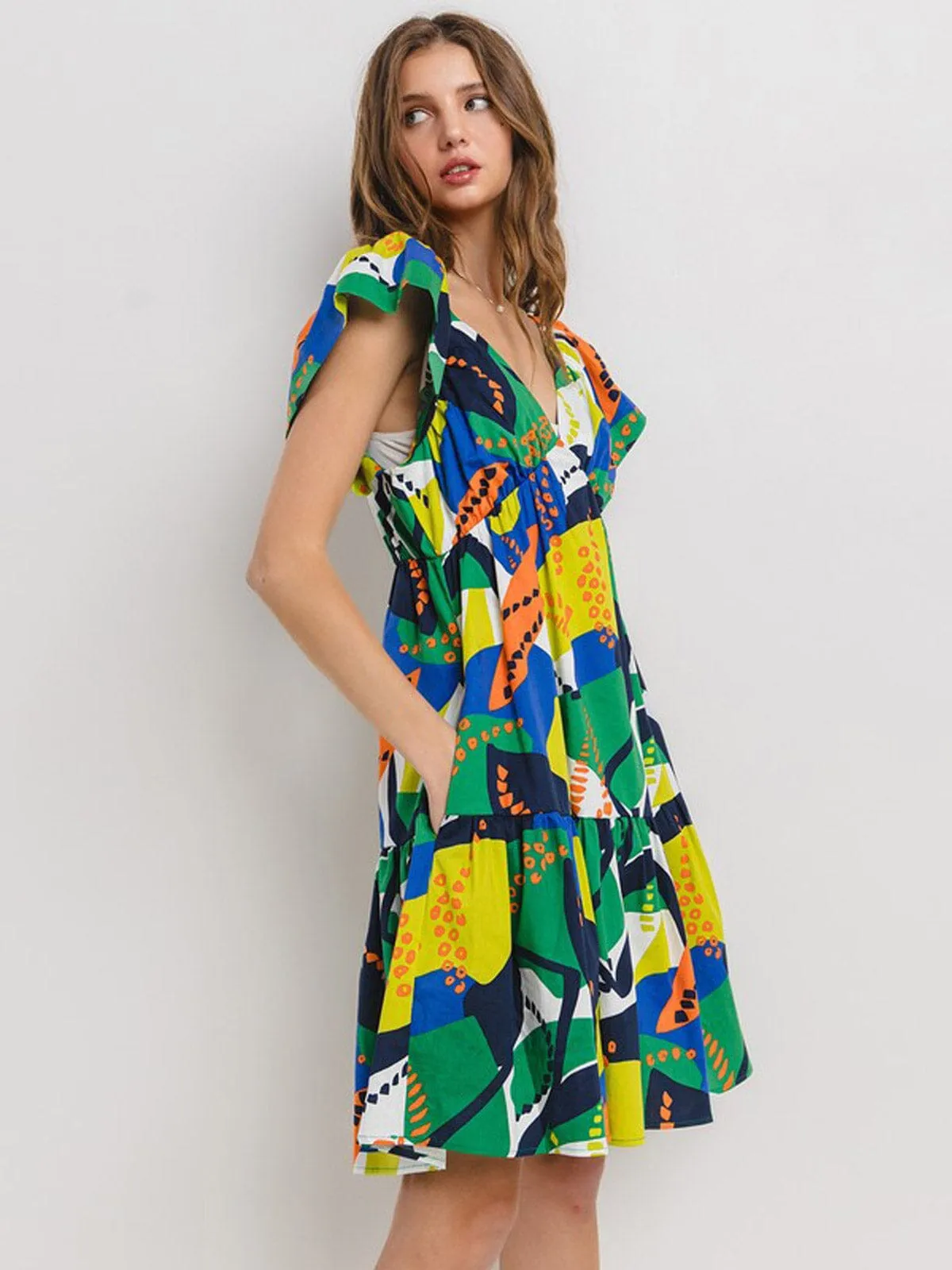 WOMEN'S SHORT SLEEVE V-NECK MULTI PRINT TUNIC MINI DRESS