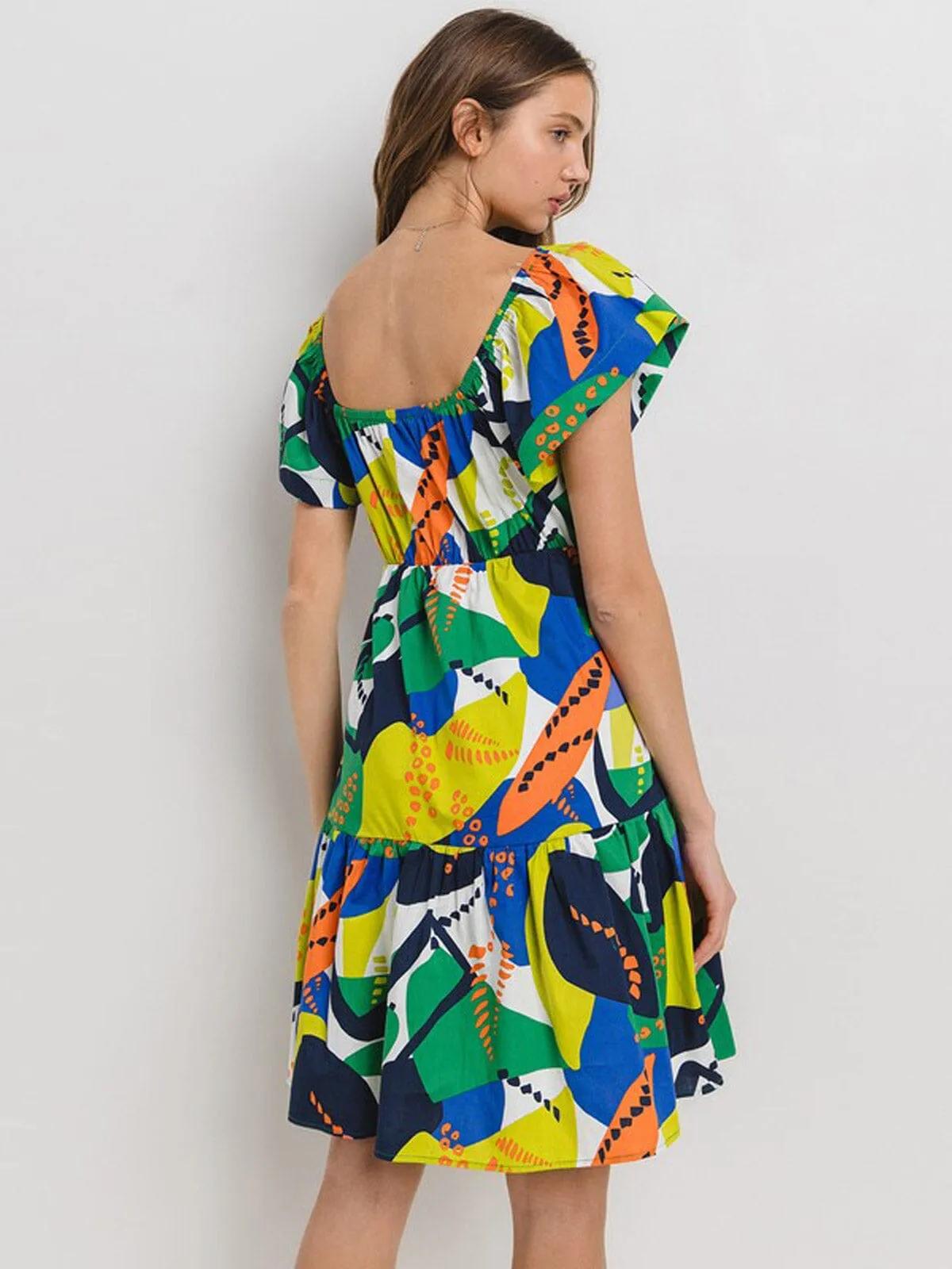 WOMEN'S SHORT SLEEVE V-NECK MULTI PRINT TUNIC MINI DRESS