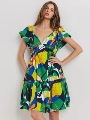 WOMEN'S SHORT SLEEVE V-NECK MULTI PRINT TUNIC MINI DRESS
