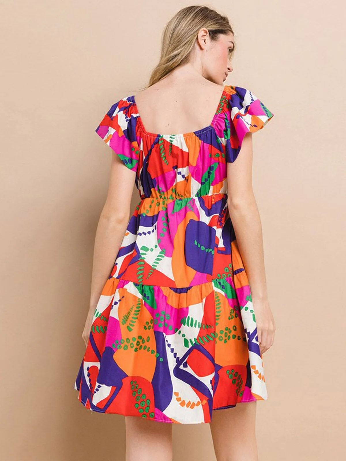 WOMEN'S SHORT SLEEVE V-NECK MULTI PRINT TUNIC MINI DRESS