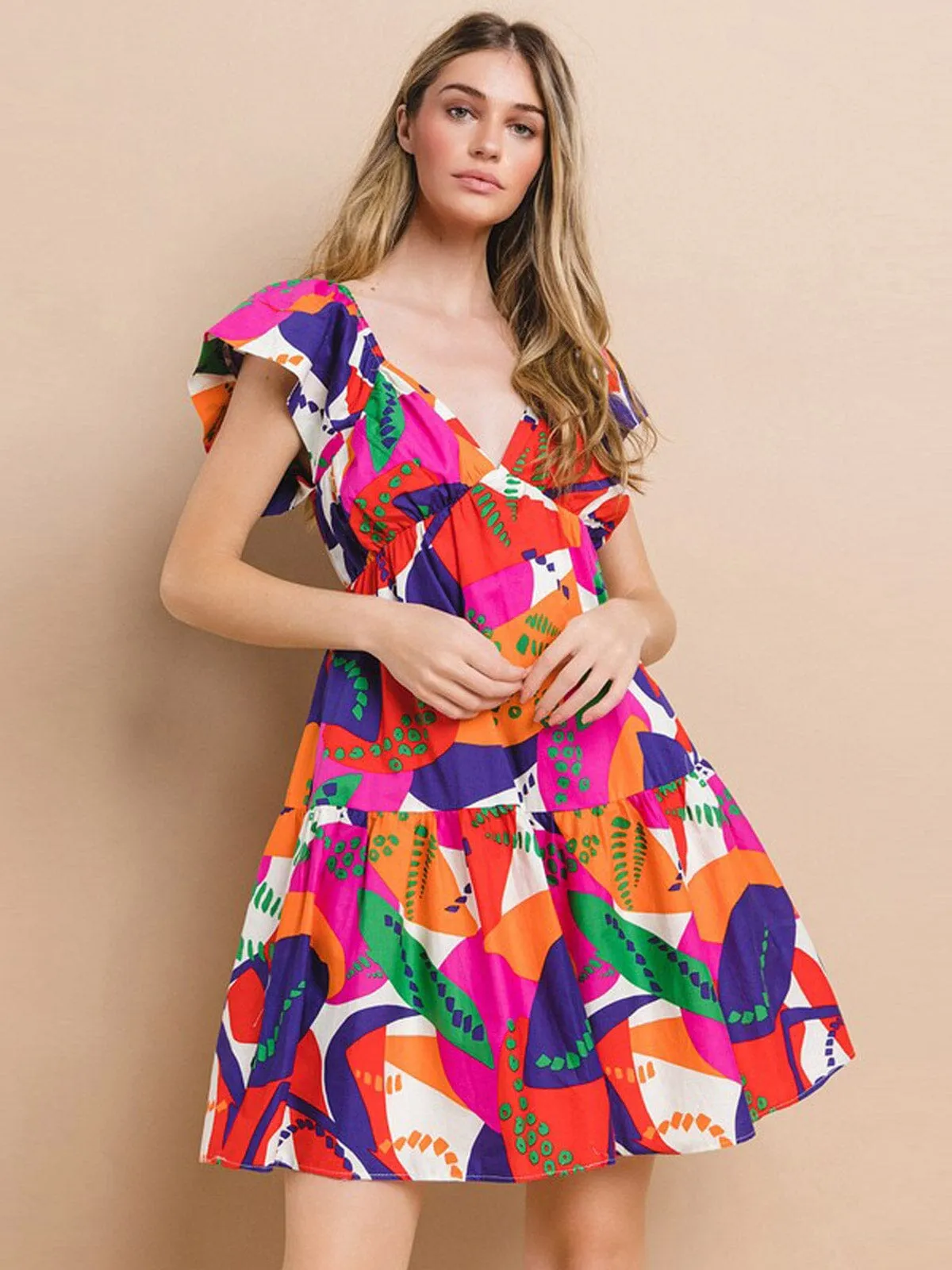 WOMEN'S SHORT SLEEVE V-NECK MULTI PRINT TUNIC MINI DRESS