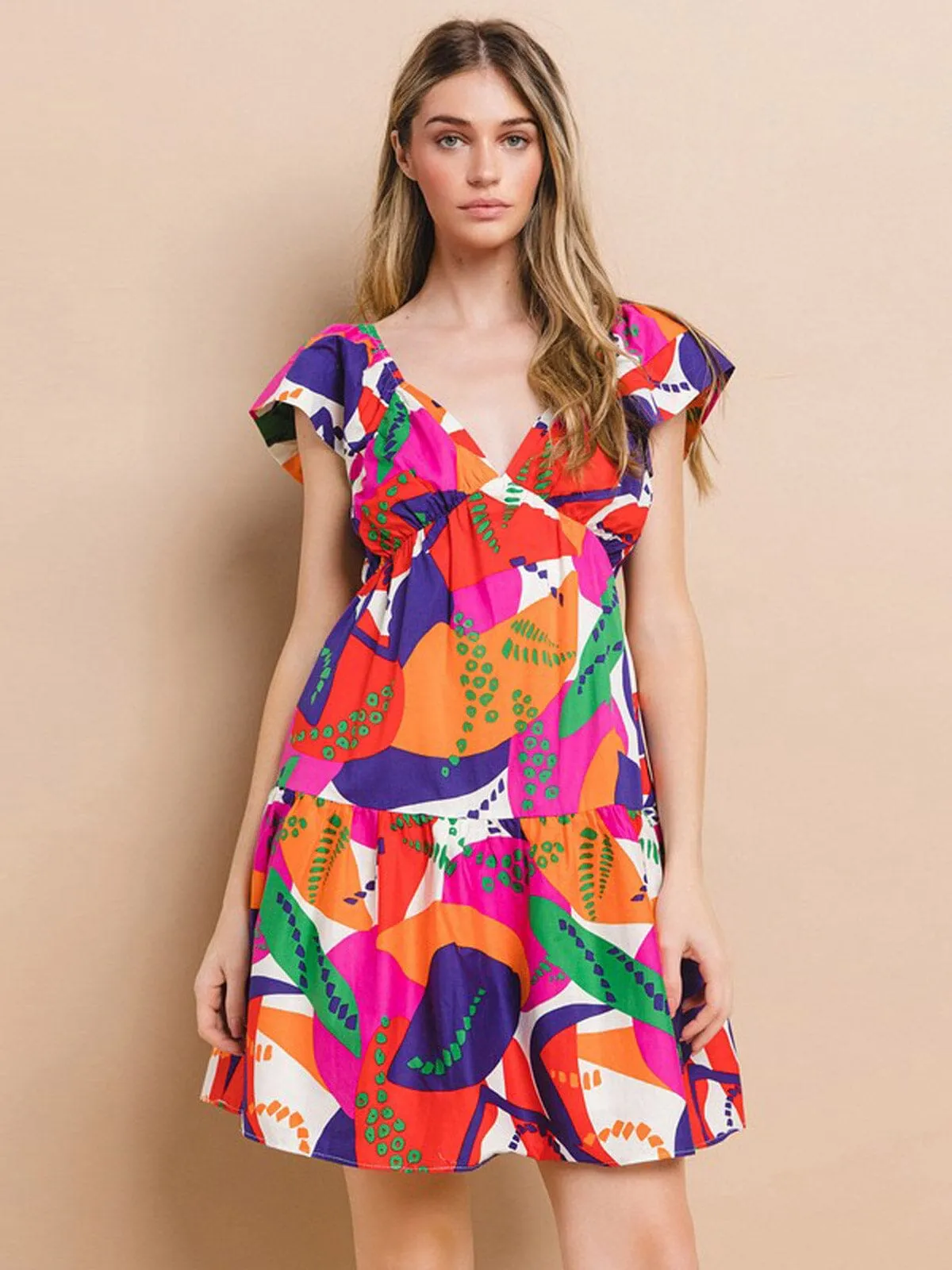 WOMEN'S SHORT SLEEVE V-NECK MULTI PRINT TUNIC MINI DRESS