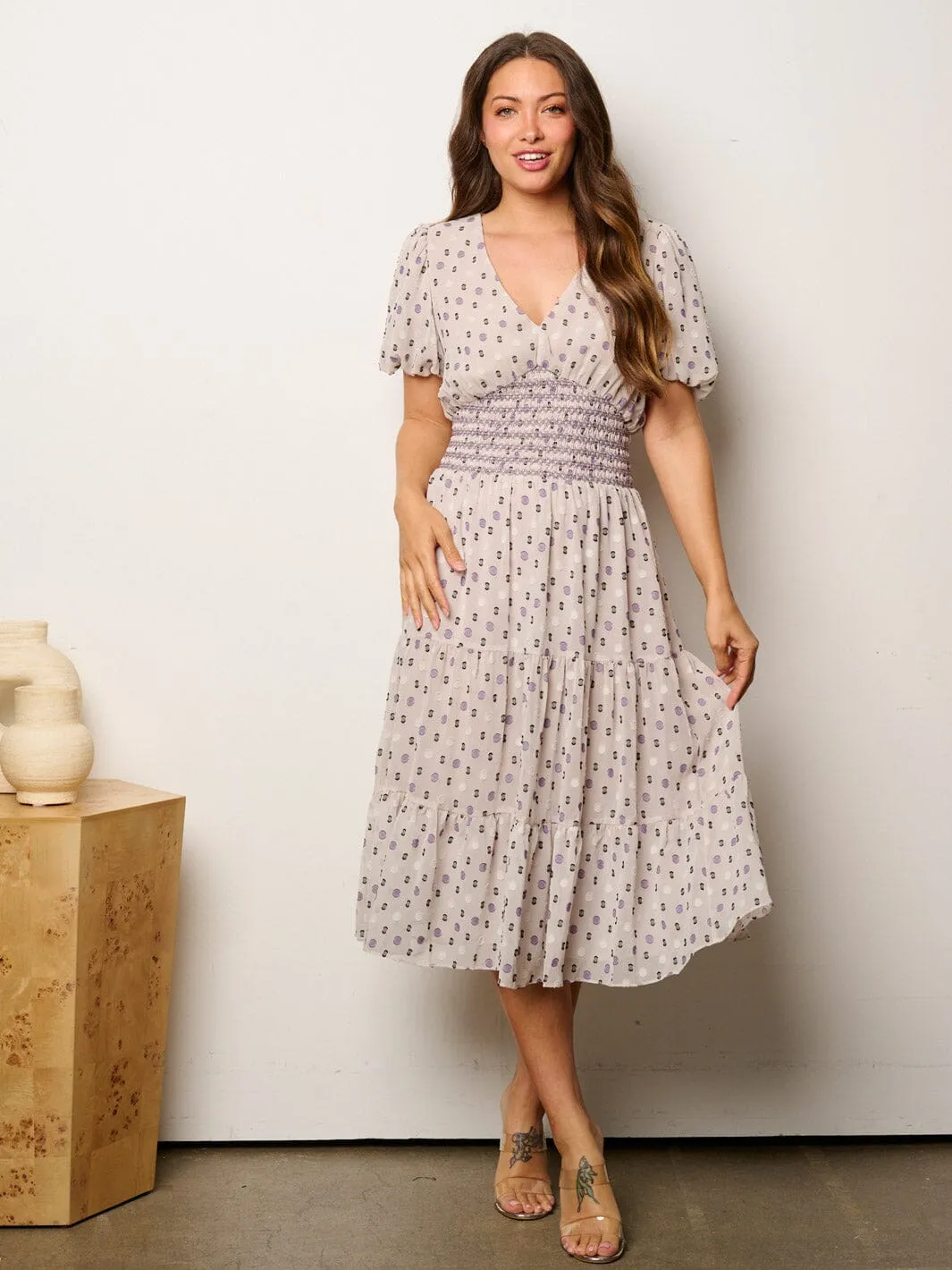 WOMEN'S SHORT SLEEVE V-NECK SMOCK WAIST MIDI DRESS