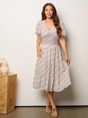 WOMEN'S SHORT SLEEVE V-NECK SMOCK WAIST MIDI DRESS