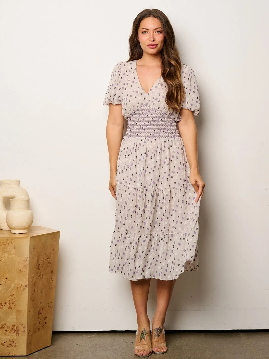 WOMEN'S SHORT SLEEVE V-NECK SMOCK WAIST MIDI DRESS