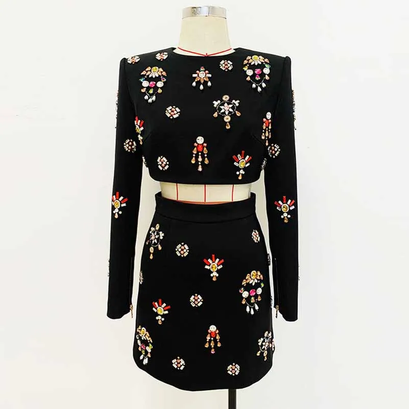 Women's Skirt Suit Fitted nail bead diamond Short Crop Jacket   Mini Skirt Suit