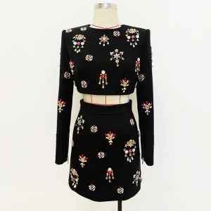Women's Skirt Suit Fitted nail bead diamond Short Crop Jacket   Mini Skirt Suit