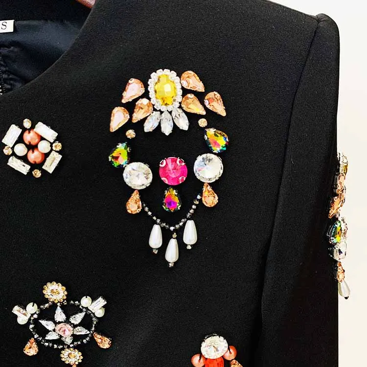 Women's Skirt Suit Fitted nail bead diamond Short Crop Jacket   Mini Skirt Suit