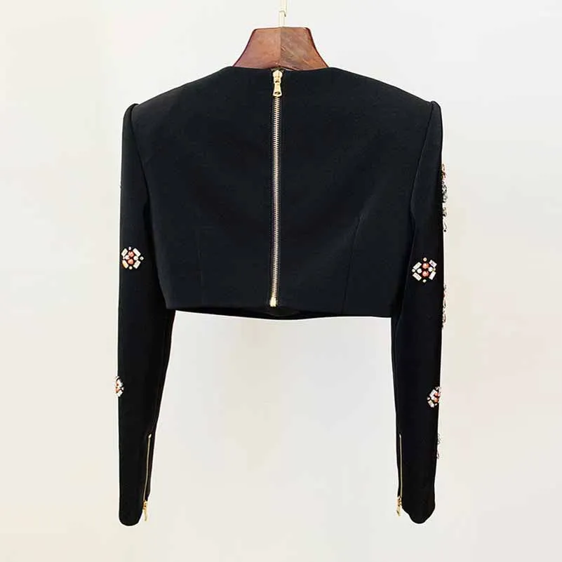 Women's Skirt Suit Fitted nail bead diamond Short Crop Jacket   Mini Skirt Suit