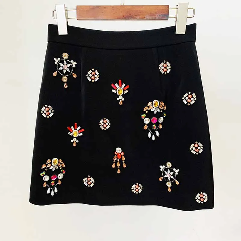 Women's Skirt Suit Fitted nail bead diamond Short Crop Jacket   Mini Skirt Suit