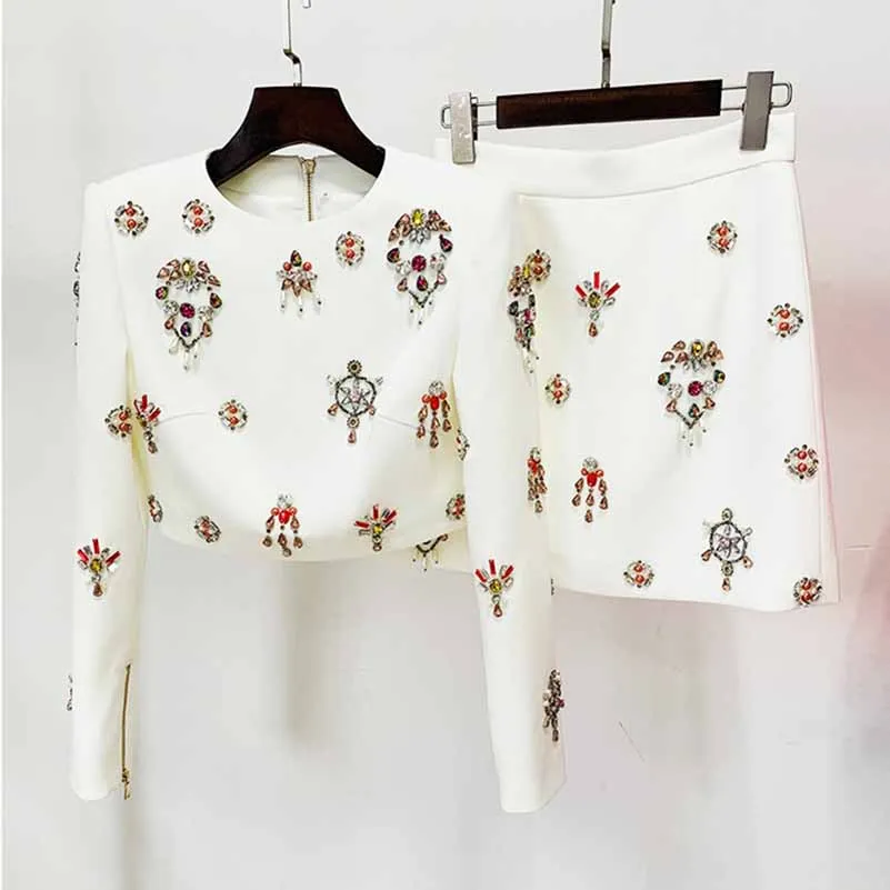 Women's Skirt Suit Fitted nail bead diamond Short Crop Jacket   Mini Skirt Suit