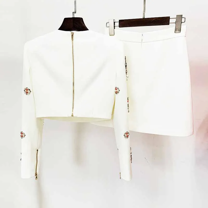 Women's Skirt Suit Fitted nail bead diamond Short Crop Jacket   Mini Skirt Suit
