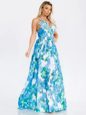 WOMEN'S SLEEVELESS HALTER NECK DETAILED FLORAL MAXI DRESS