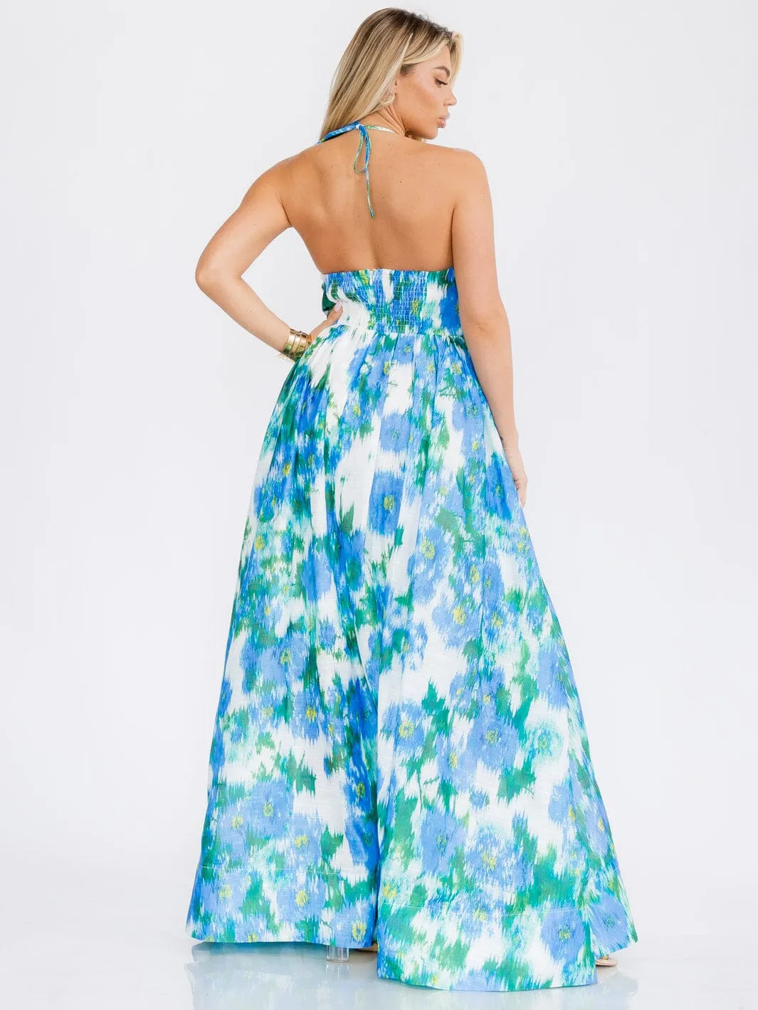 WOMEN'S SLEEVELESS HALTER NECK DETAILED FLORAL MAXI DRESS