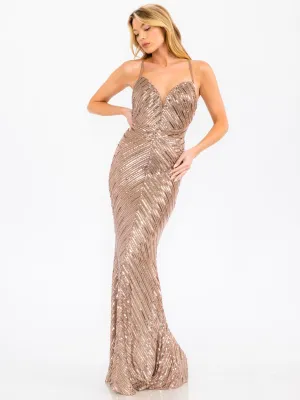 WOMEN'S SLEEVELESS V-NECK OPEN BACK SEQUINS GOWN MAXI DRESS