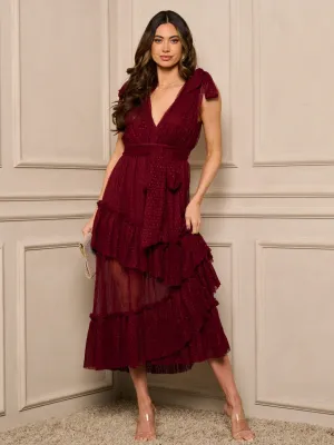 WOMEN'S SLEEVELESS V-NECK RUFFLE DETAILED MIDI DRESS