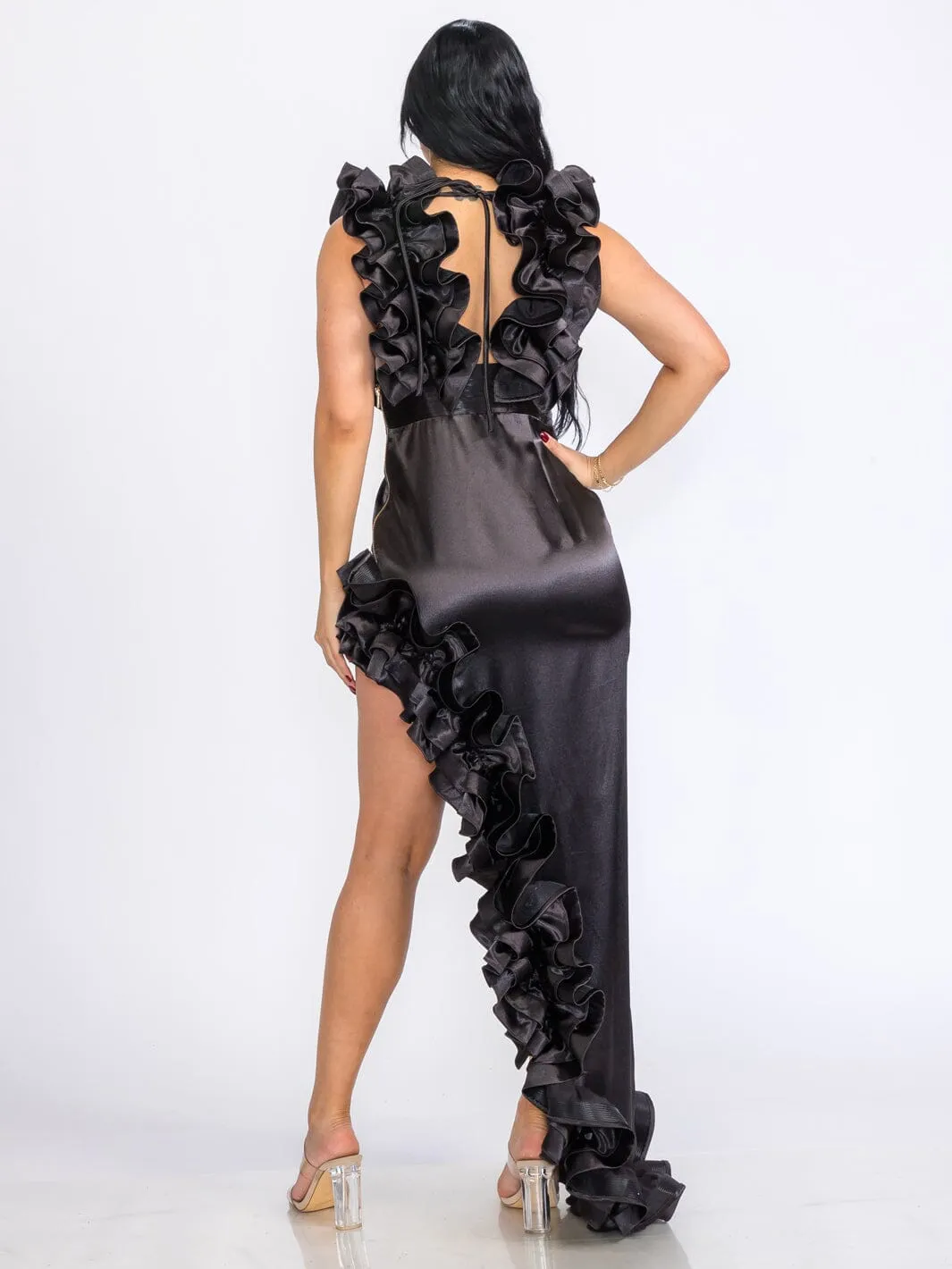 WOMEN'S SLEEVELESS V-NECK SIDE SLIT RUFFLE BODYCON MAXI DRESS