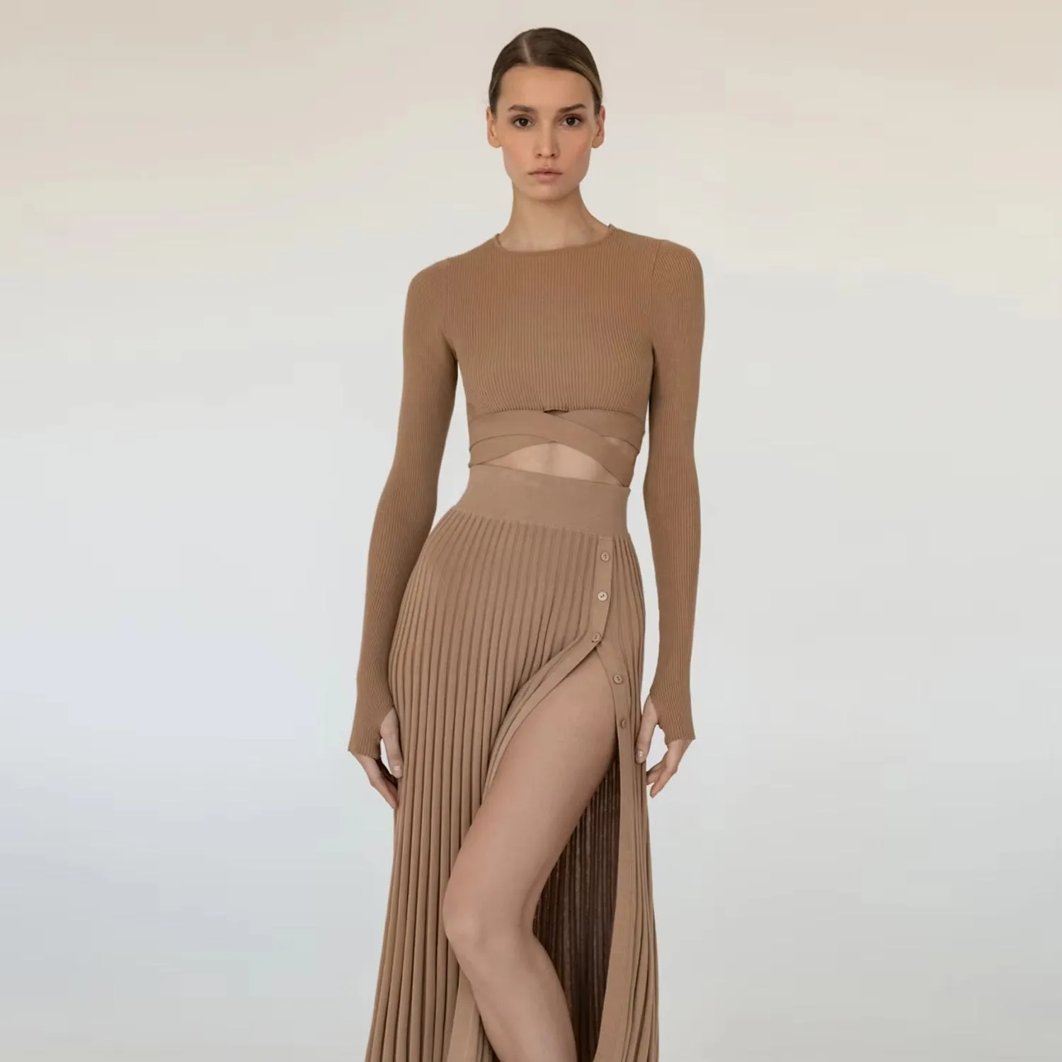 Women's solid color knitted ribbed crossover crop top slit skirt suit