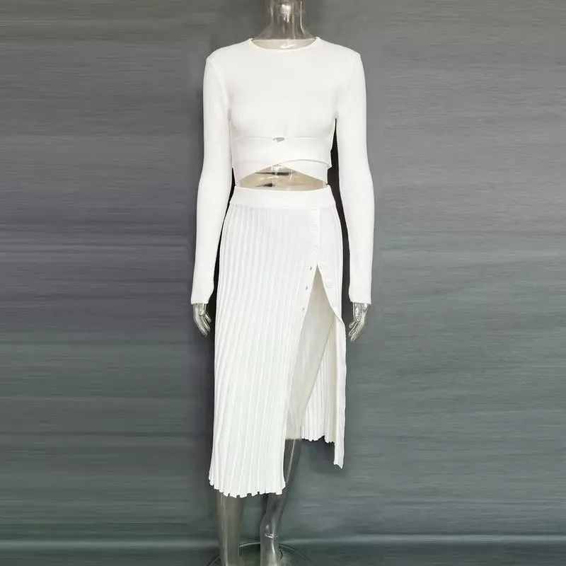 Women's solid color knitted ribbed crossover crop top slit skirt suit