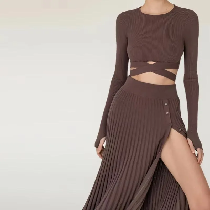 Women's solid color knitted ribbed crossover crop top slit skirt suit
