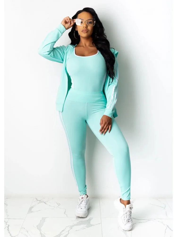 Women's Striped Hooded Collar Three-Piece Jogging Suit