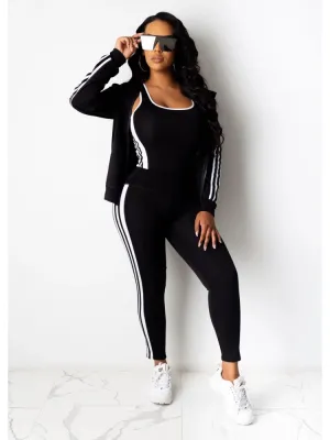 Women's Striped Hooded Collar Three-Piece Jogging Suit