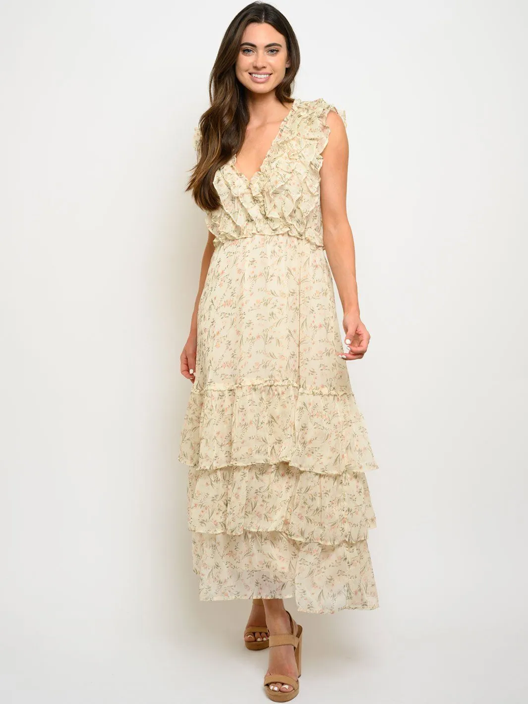 WOMEN'S V-NECK RUFFLE FLORAL MAXI DRESS