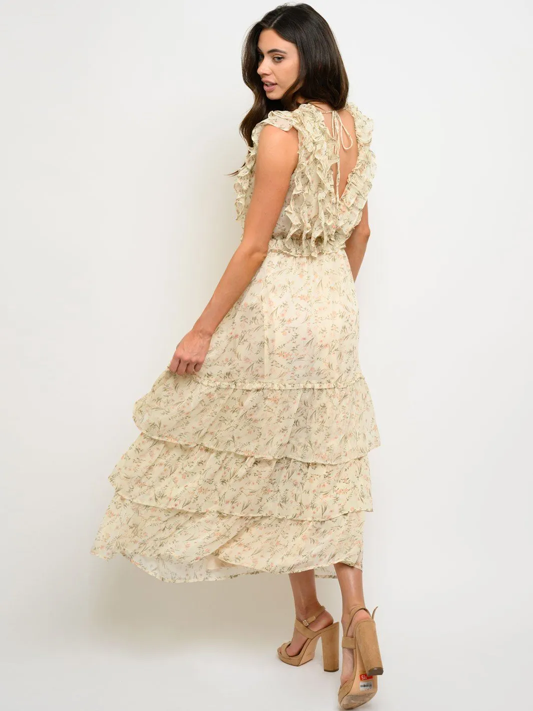 WOMEN'S V-NECK RUFFLE FLORAL MAXI DRESS