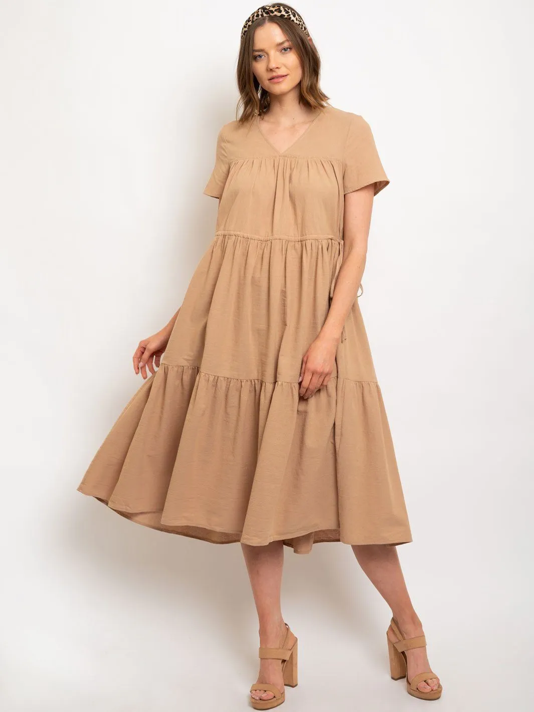 WOMEN'S V-NECK TIERED MIDI DRESS