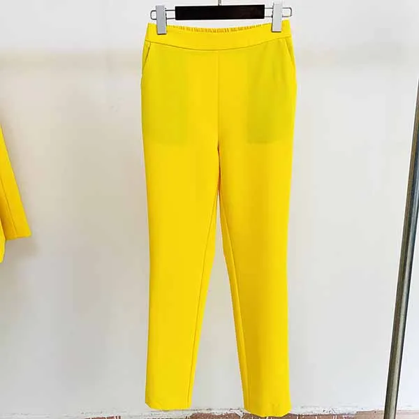 Womens Yellow Pantsuits Blazer   High Waist Nine-Point Suit Pants