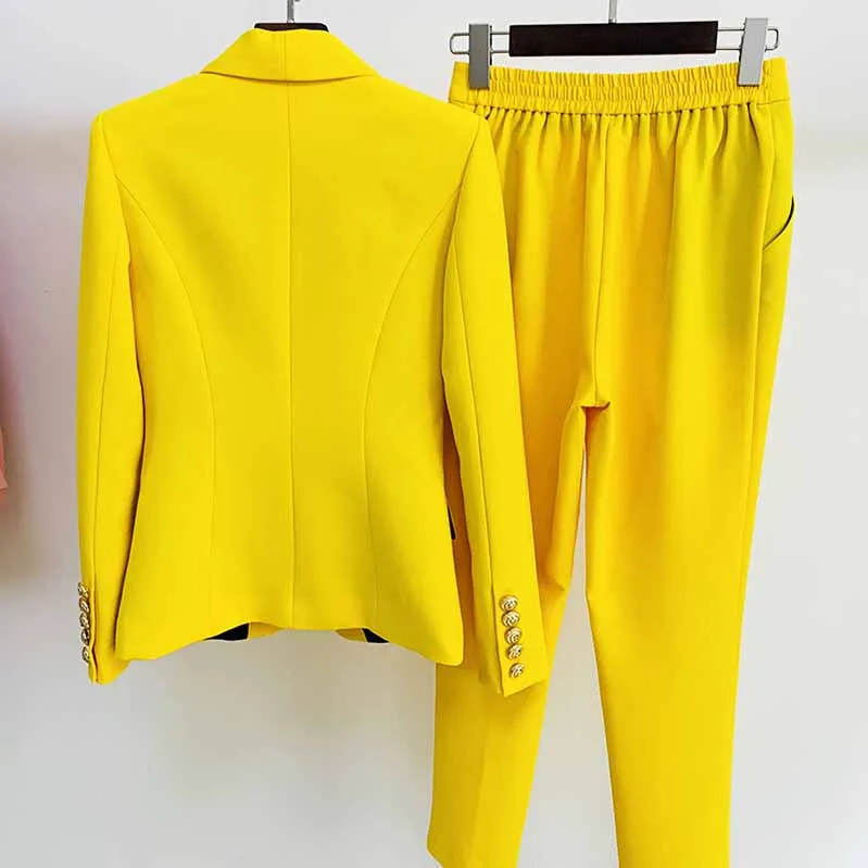 Womens Yellow Pantsuits Blazer   High Waist Nine-Point Suit Pants
