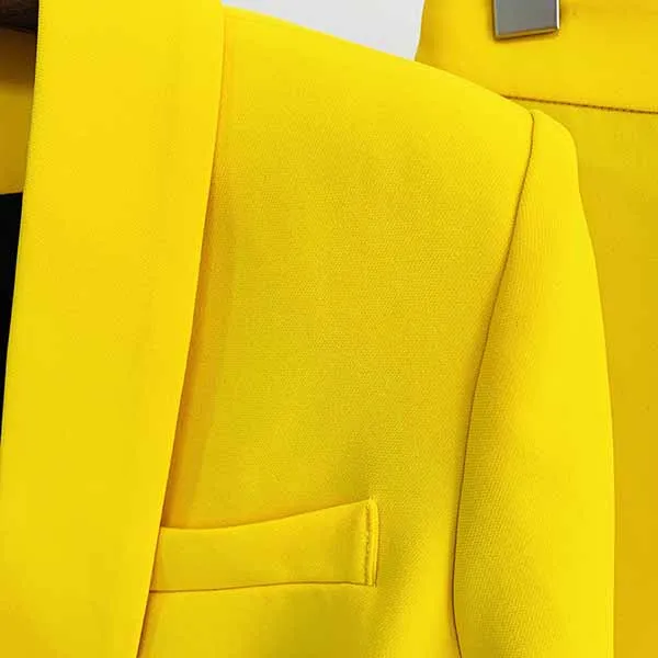 Womens Yellow Pantsuits Blazer   High Waist Nine-Point Suit Pants